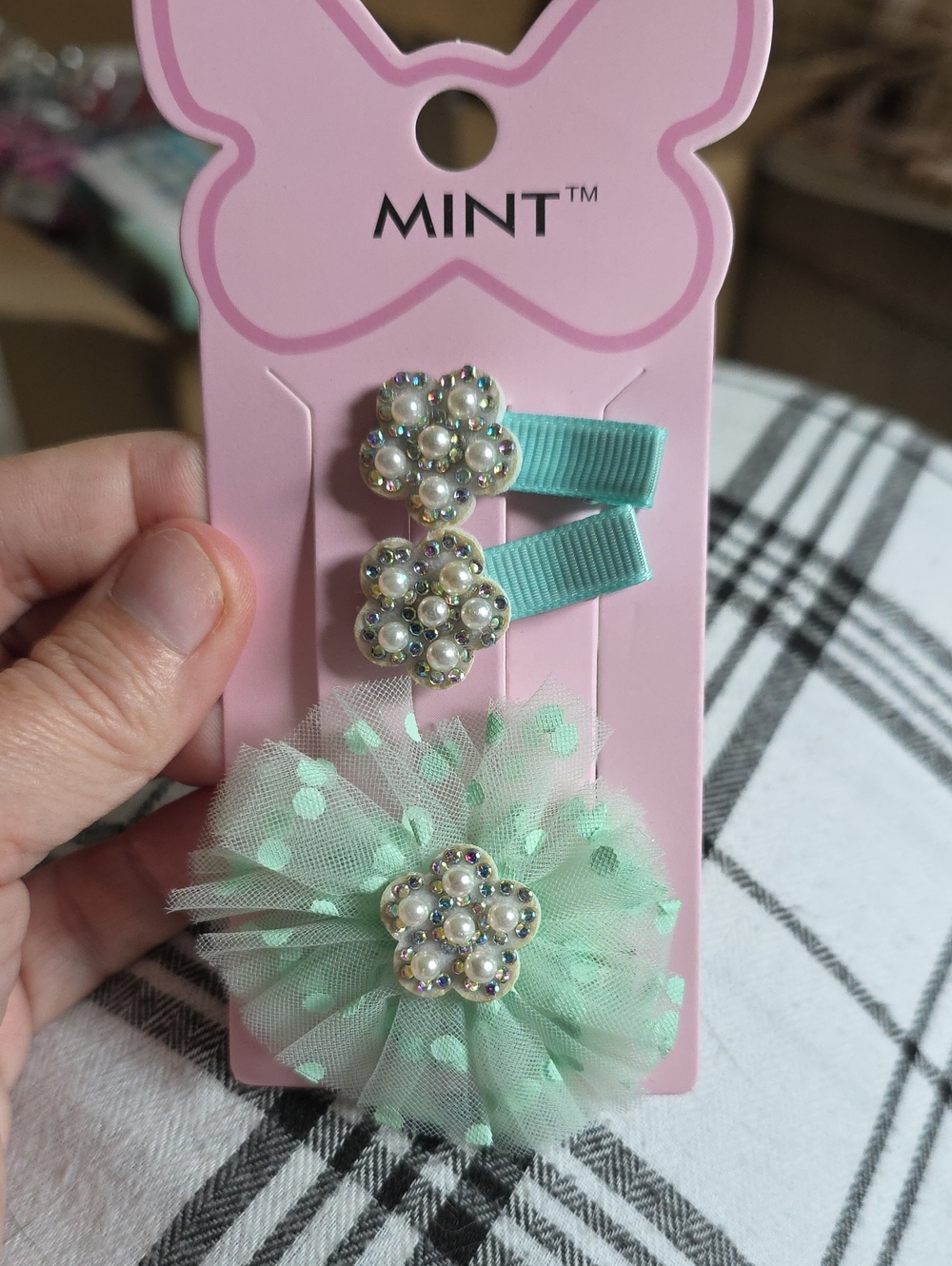 Mint Mint Green Pearl & Tulle Polka Dot Hair Clip Set